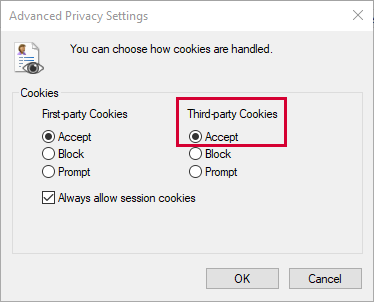enabling cookies in Internet Explorer web browser